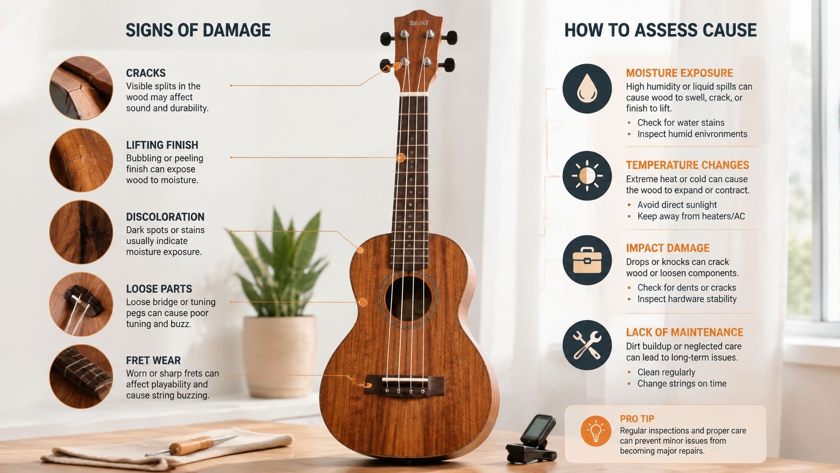 An infographic detailing common ukulele damage signs and potential causes, alongside maintenance tips for instrument longevity.
