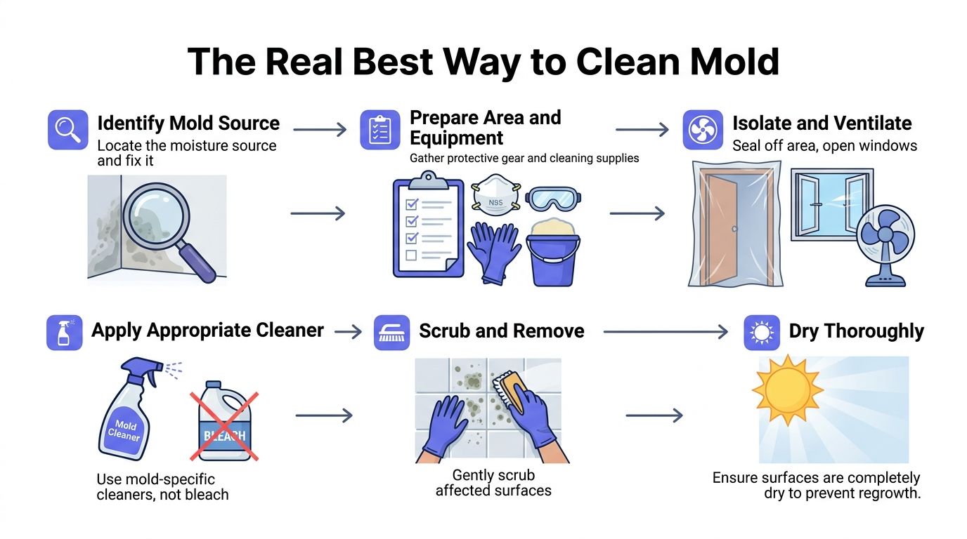 An infographic showing the step-by-step process for effectively cleaning mold in a home or building.