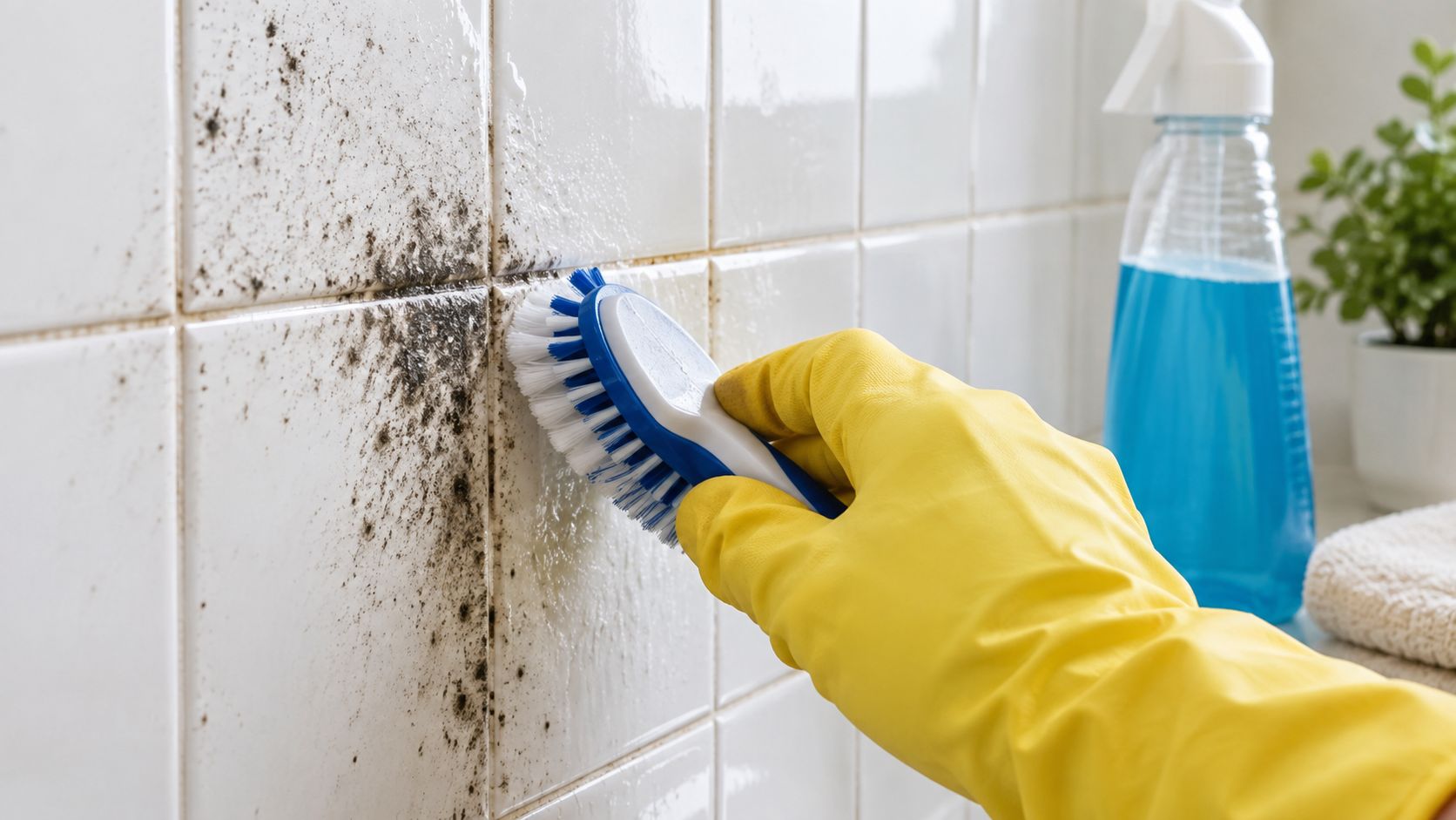 A person wearing a yellow rubber glove using a scrub brush to clean mold from bathroom tiles.