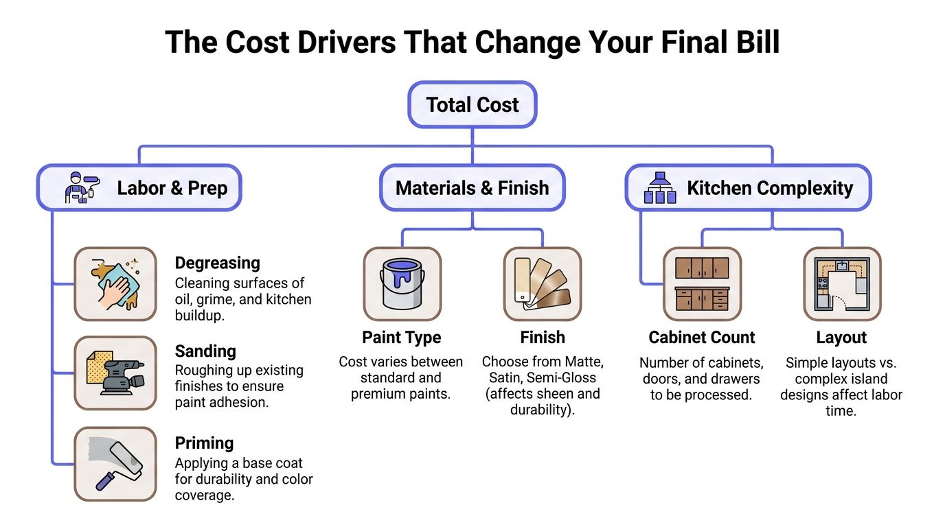 An infographic titled The Cost Drivers That Change Your Final Bill, outlining factors like labor, materials, and layout.