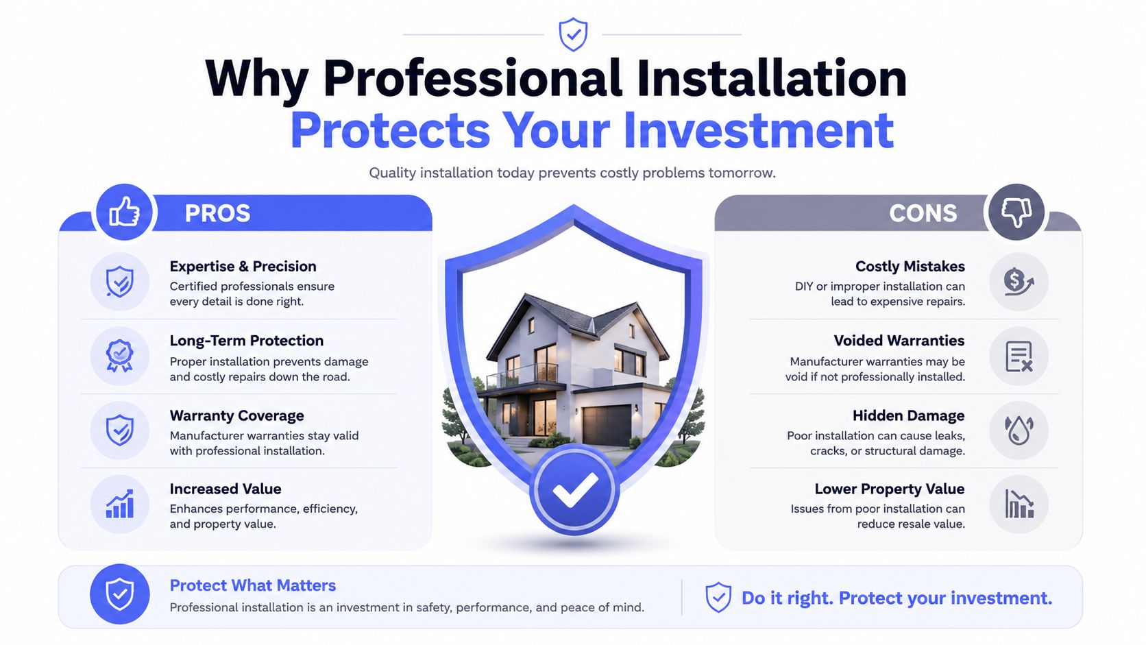 An infographic illustrating the benefits and risks of choosing professional installation for home improvement projects.