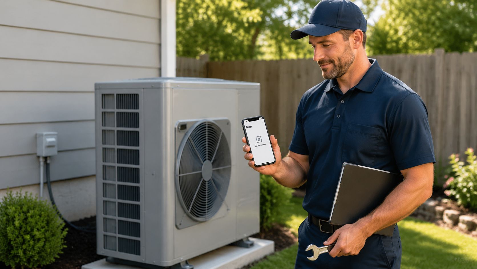 A technician wearing a uniform holding a smartphone and a wrench next to an outdoor heat pump unit.