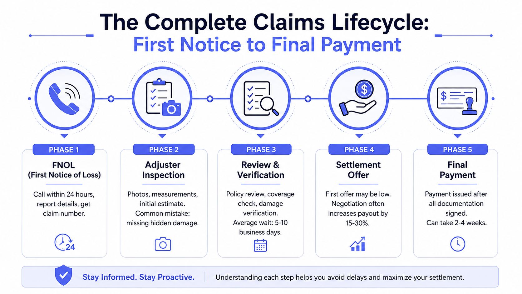 A five-phase infographic showing the complete insurance claims lifecycle from first notice of loss to final payment.