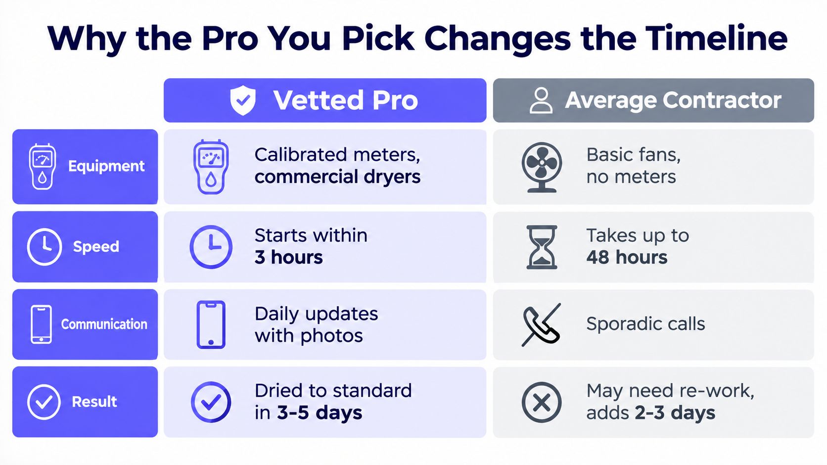 A comparison chart highlighting why choosing a vetted professional for water damage restoration results in a faster timeline.