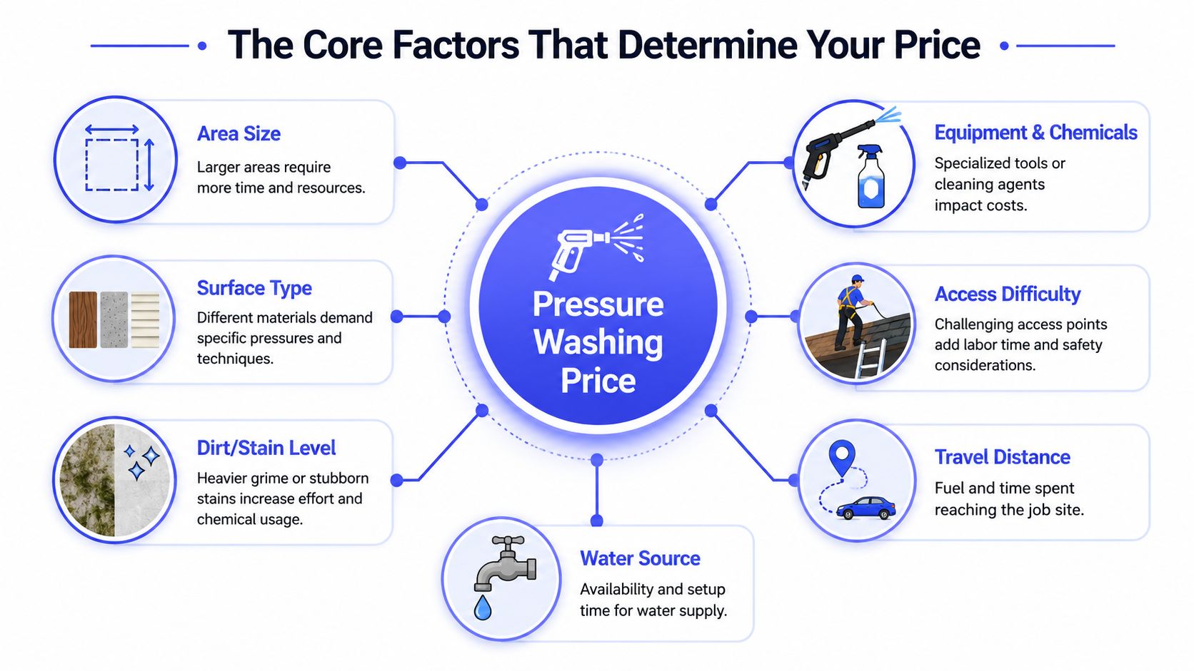 An infographic showing seven core factors that determine the pricing for professional pressure washing services.