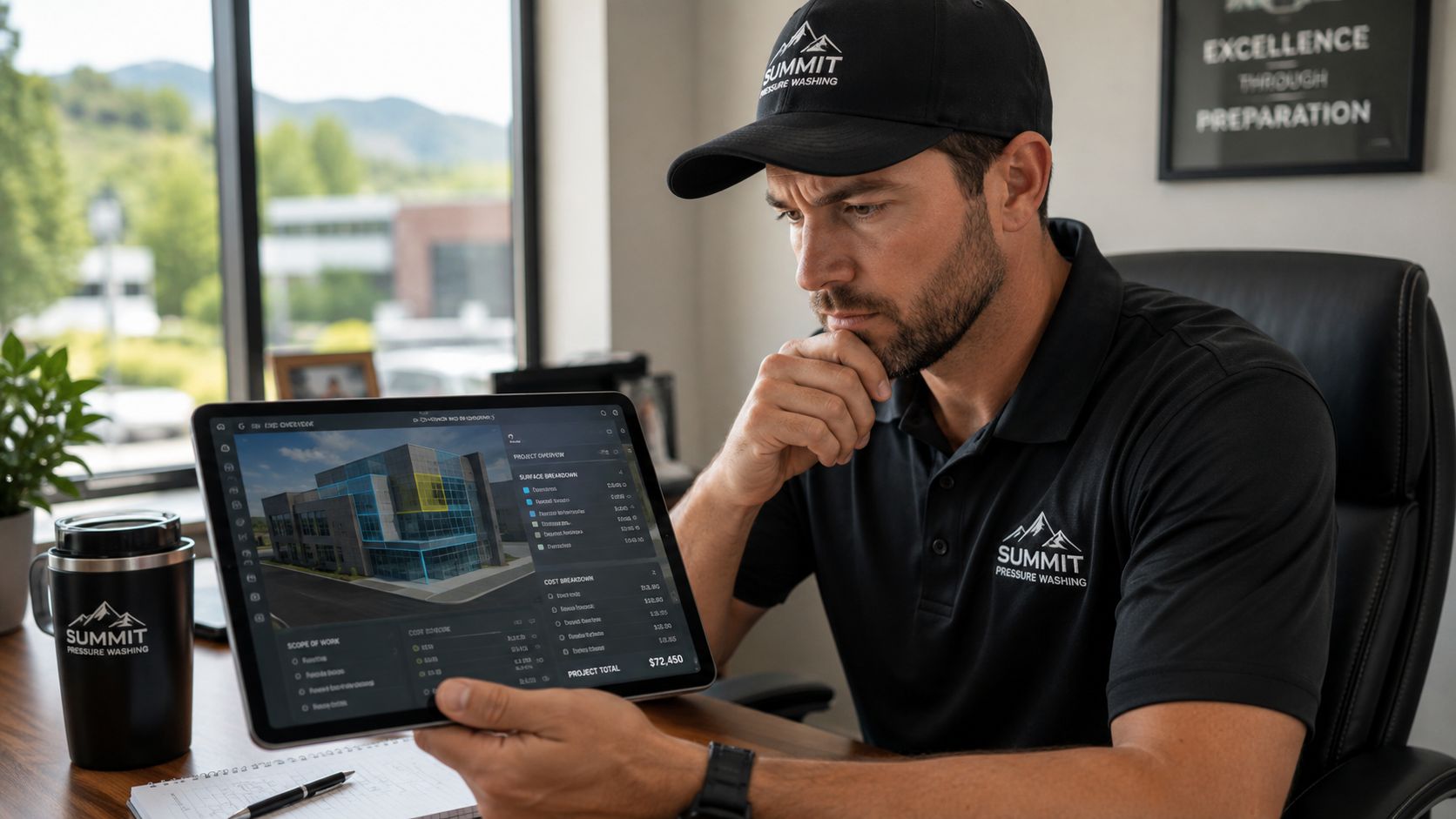 A professional man reviewing a pressure washing project cost estimate on a tablet in an office.
