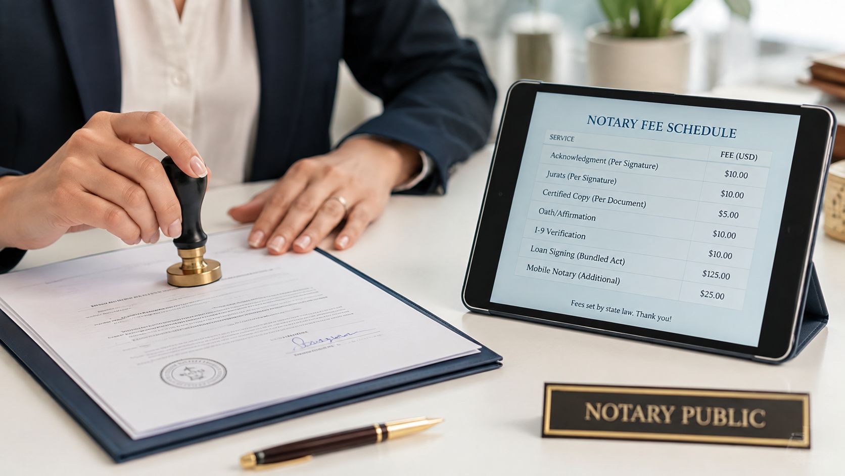 A professional notary public stamping a document with a tablet displaying a price list nearby.
