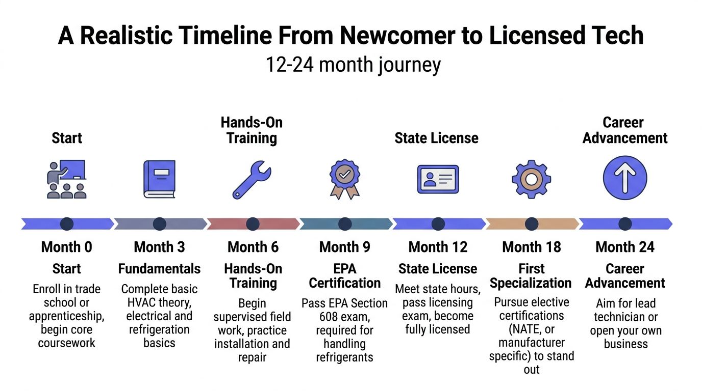 A timeline graphic showing the 24-month journey from newcomer to becoming a licensed HVAC technician.
