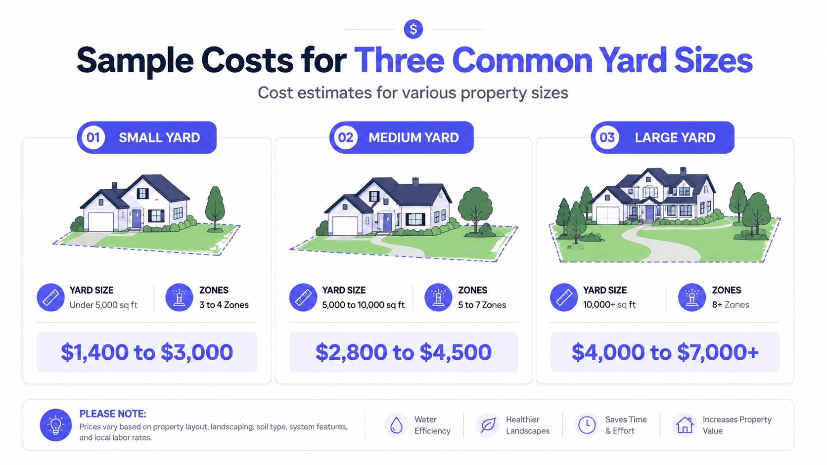 A cost guide chart displaying estimated price ranges for installing in-ground sprinkler systems based on yard size.