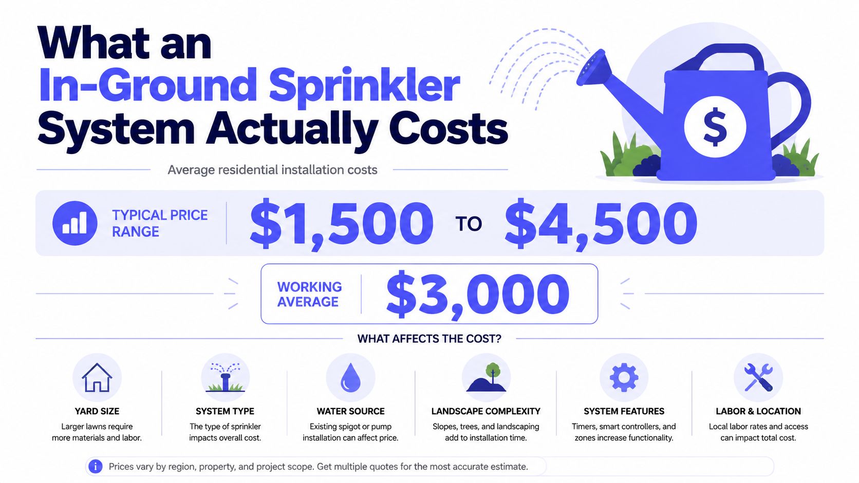 An infographic showing the typical price range and working average for in-ground sprinkler system installation costs.