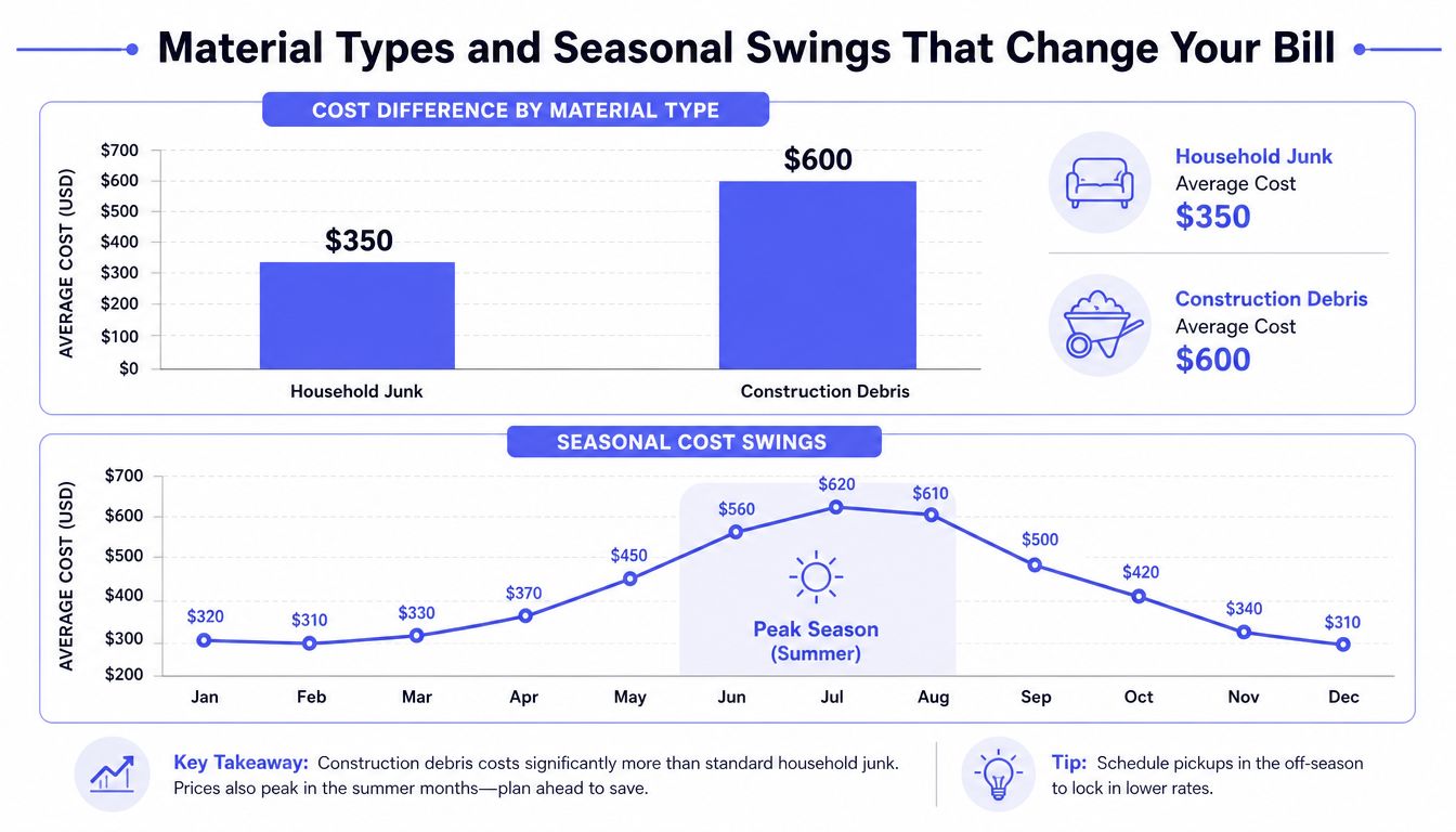 An infographic showing how junk removal costs vary by material type and seasonal fluctuations throughout the year.