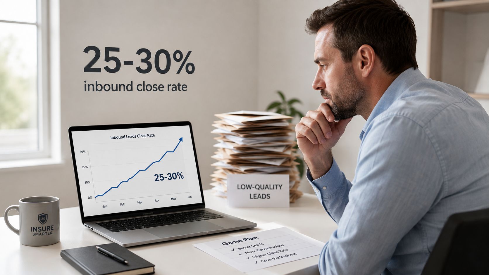 A professional insurance agent reviewing data on a laptop while analyzing low quality business leads.