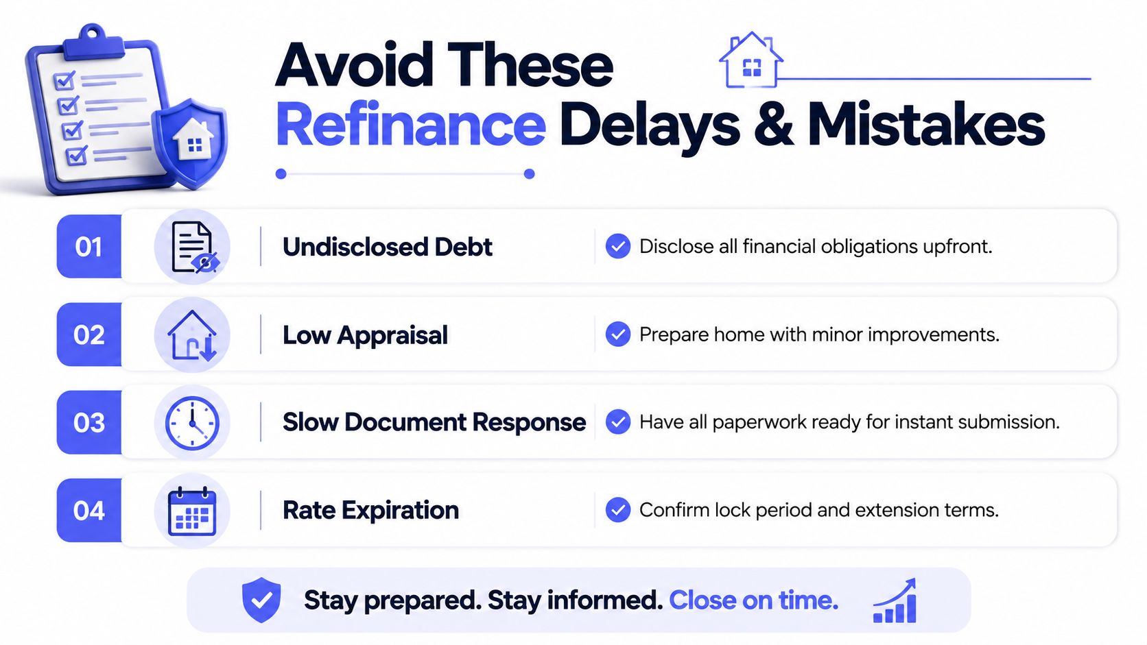 An infographic titled Avoid These Refinance Delays and Mistakes, listing four common issues with suggested solutions.