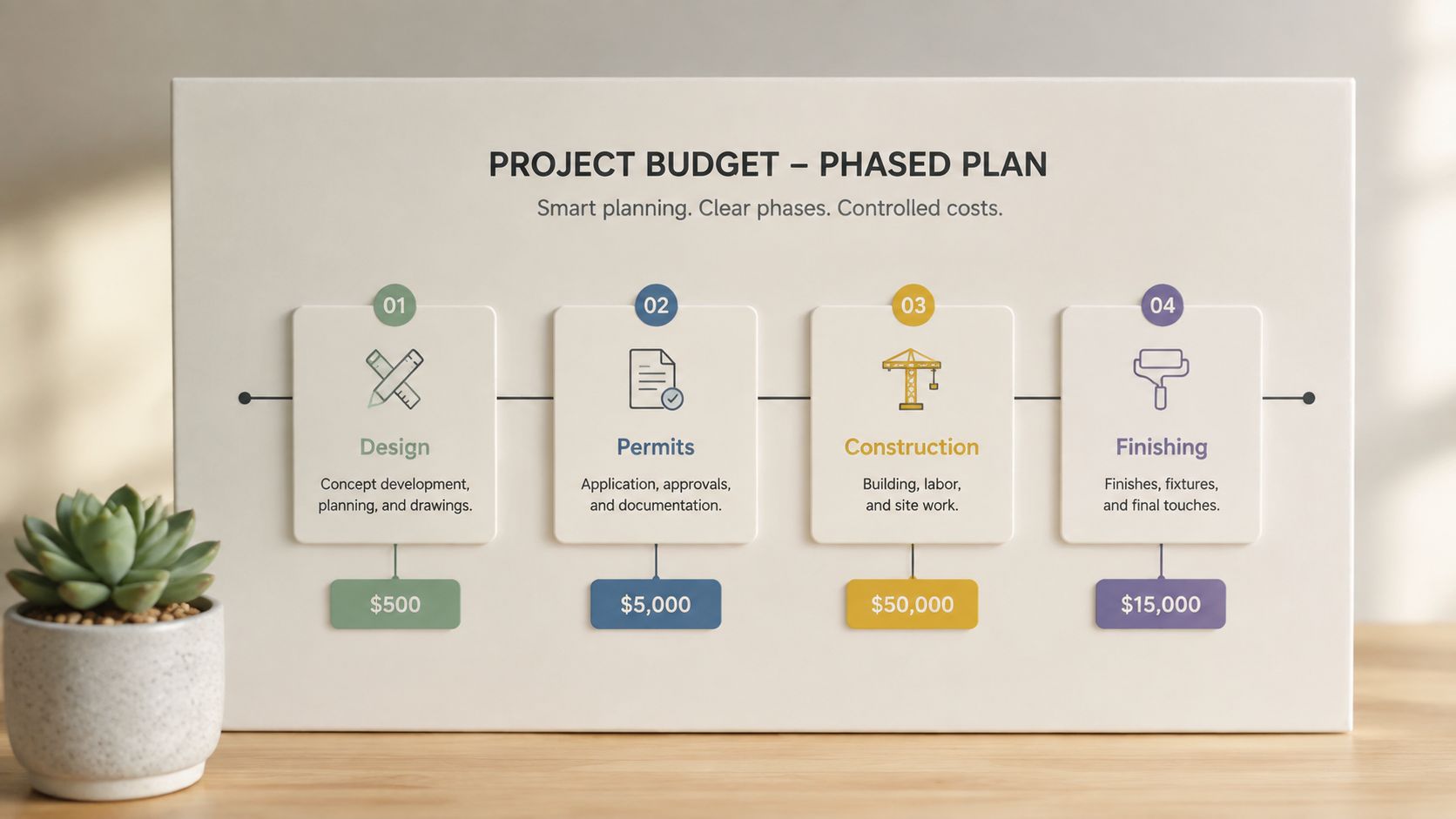 An infographic showing a four-phase project budget plan with steps for design, permits, construction, and finishing.