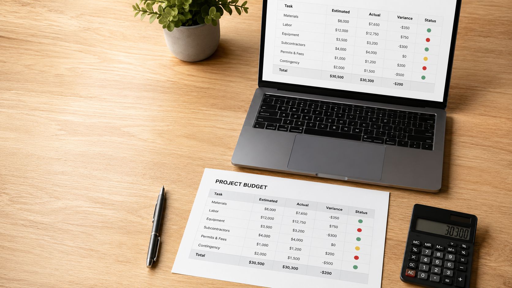 A professional desk setup with a laptop displaying a project budget, a printed budget sheet, and calculator.