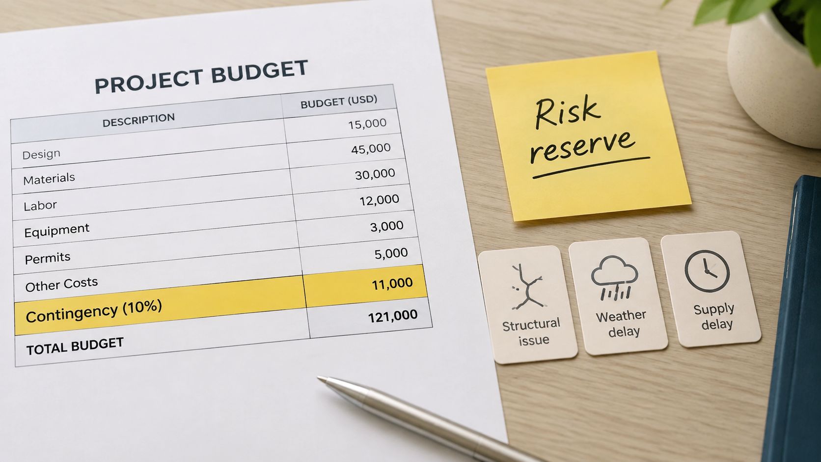 A document displaying a project budget table alongside notes about risk reserves and potential project delays.