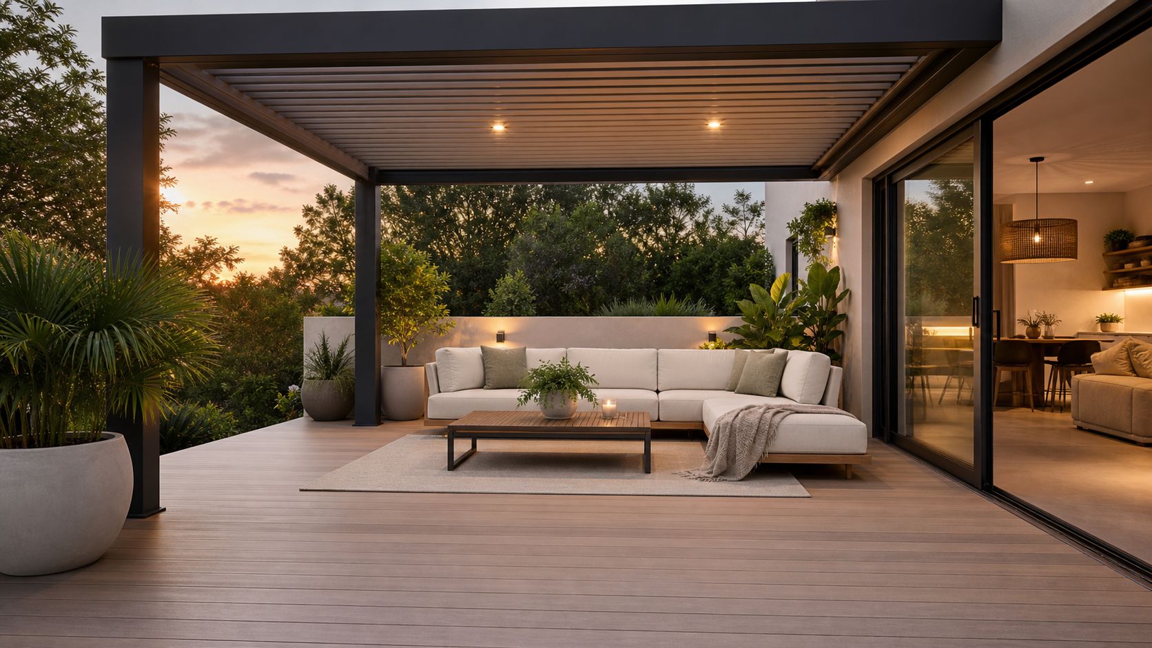 A modern outdoor deck featuring a stylish patio sofa with a wooden table under a covered pergola.