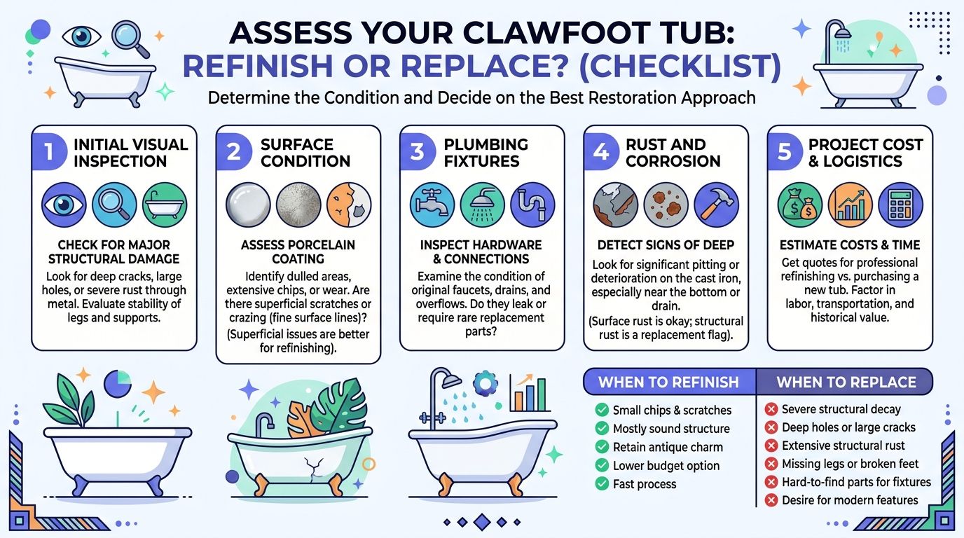 A checklist infographic titled Assess Your Clawfoot Tub illustrating five steps to decide between refinishing or replacing a tub.