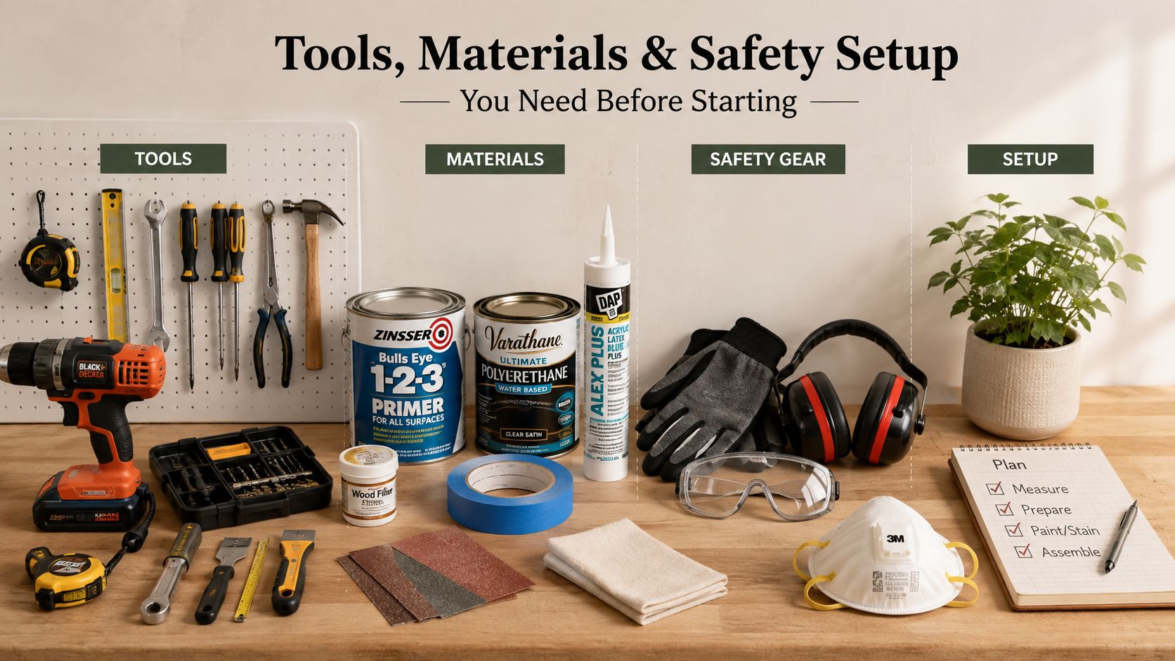 A DIY project workspace featuring various tools, paint, primer, safety equipment, and a planning checklist.