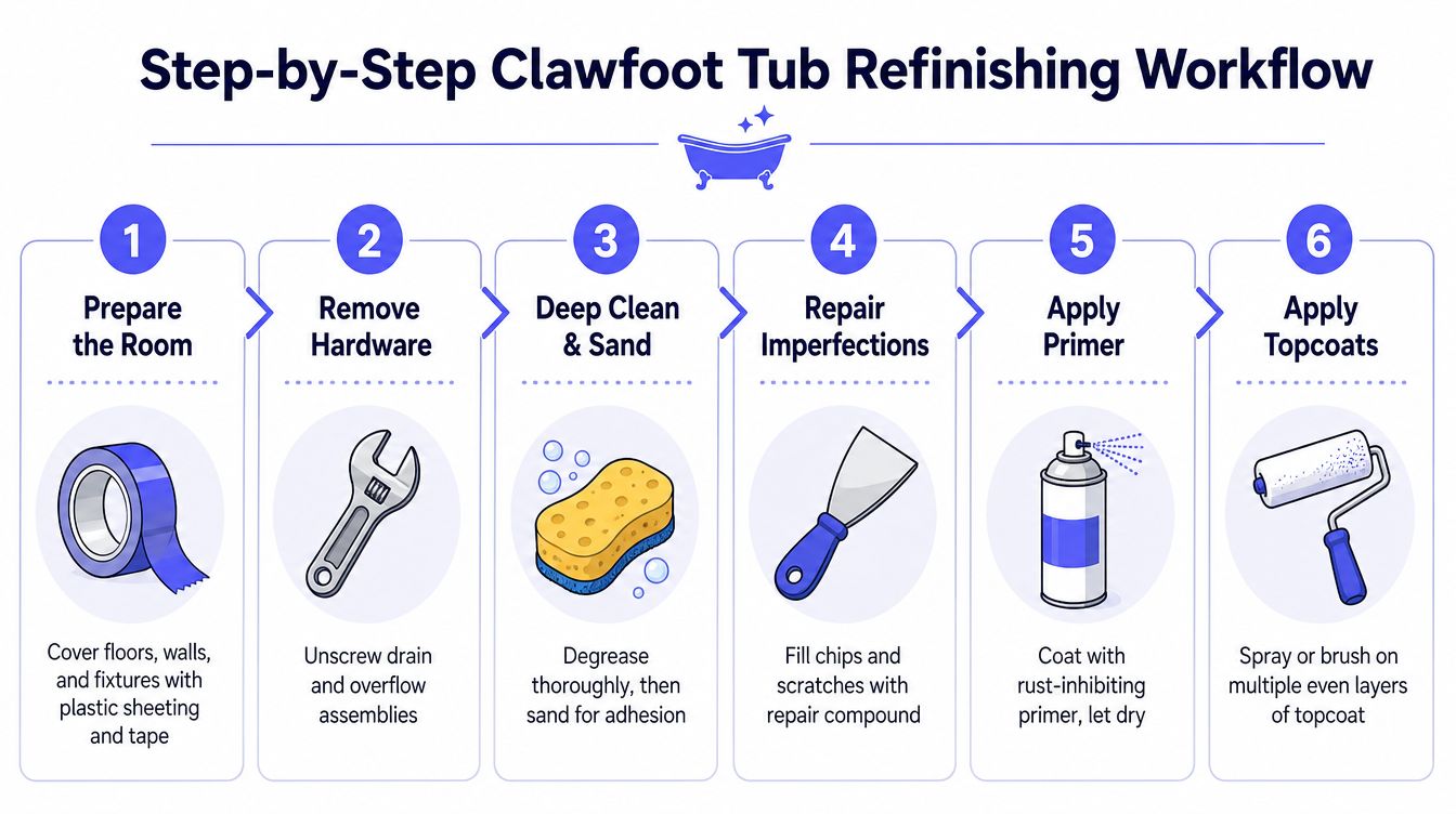 A step-by-step infographic showing the six stages of refinishing a clawfoot bathtub from preparation to topcoats.