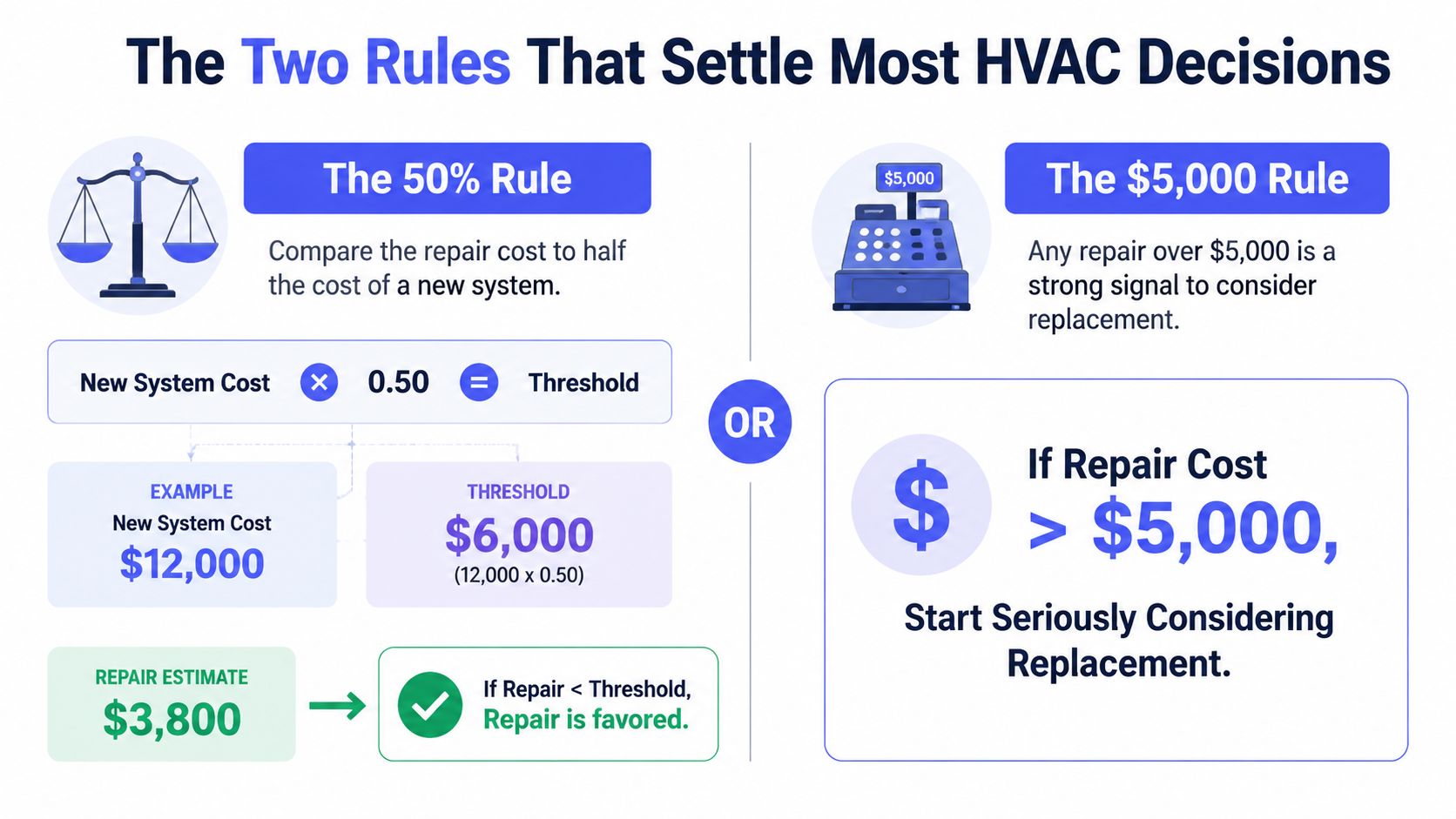 An infographic explaining the 50% and $5,000 rules for deciding whether to repair or replace an HVAC system.