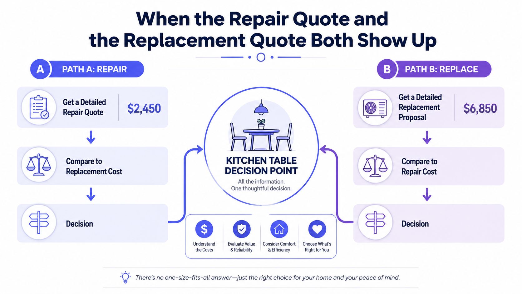 A flowchart showing the decision process between choosing to repair or replace an HVAC system for home.