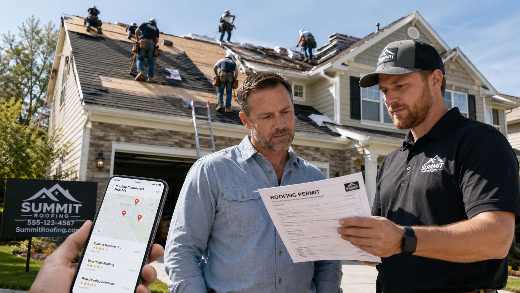 A professional roofing contractor discussing a roofing permit with a homeowner while roofers work in background.