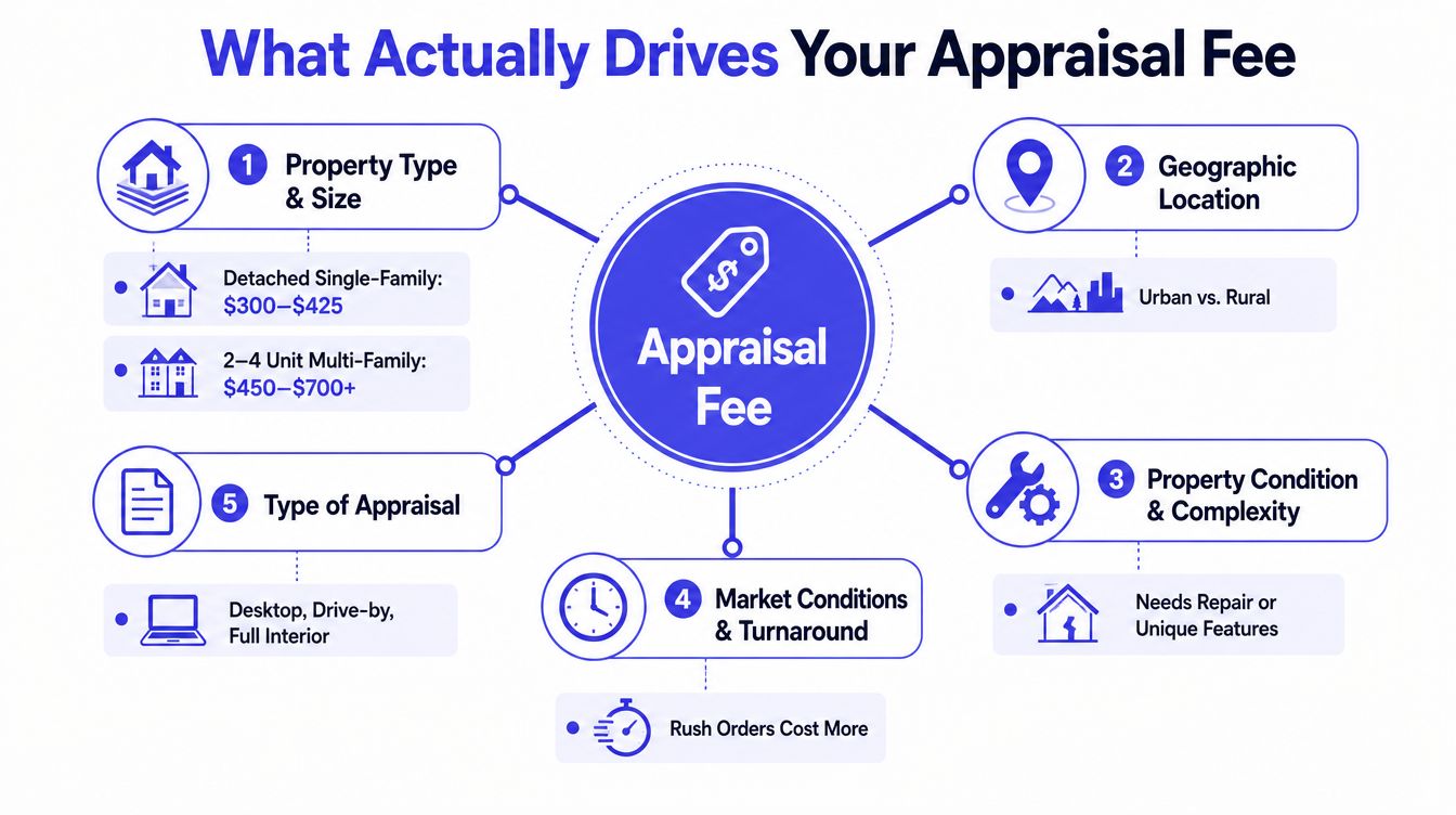 An infographic showing the five key factors that influence the total cost of a professional home appraisal.