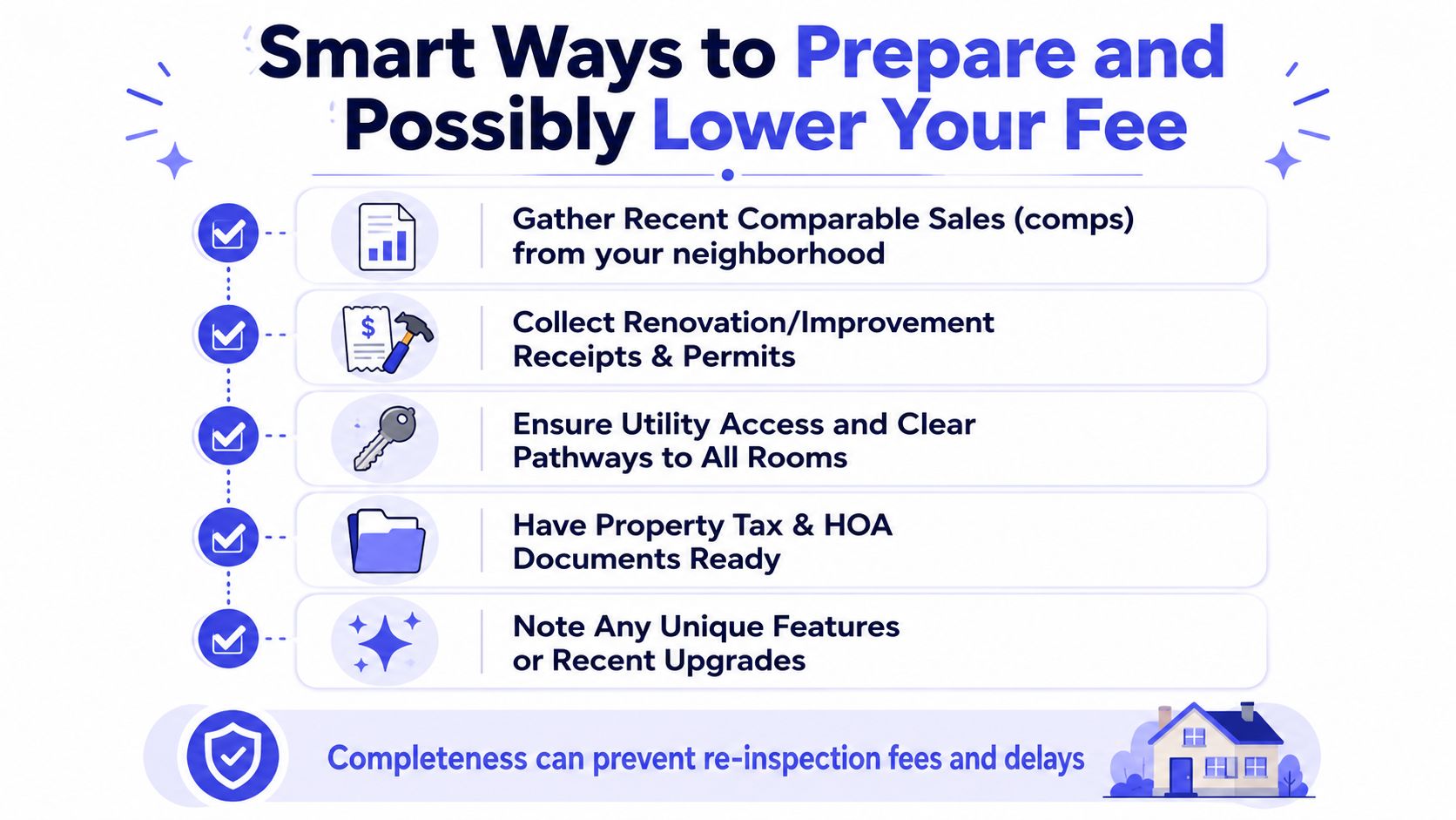 A checklist infographic titled Smart Ways to Prepare and Possibly Lower Your Fee for property appraisal services.