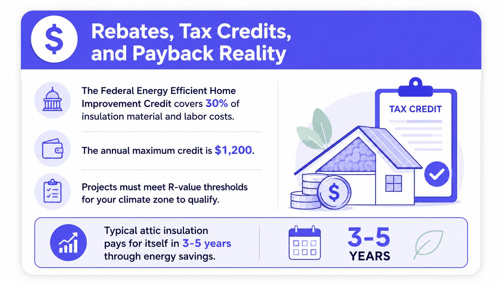 An infographic detailing federal energy efficient home improvement tax credits and the typical attic insulation payback period.