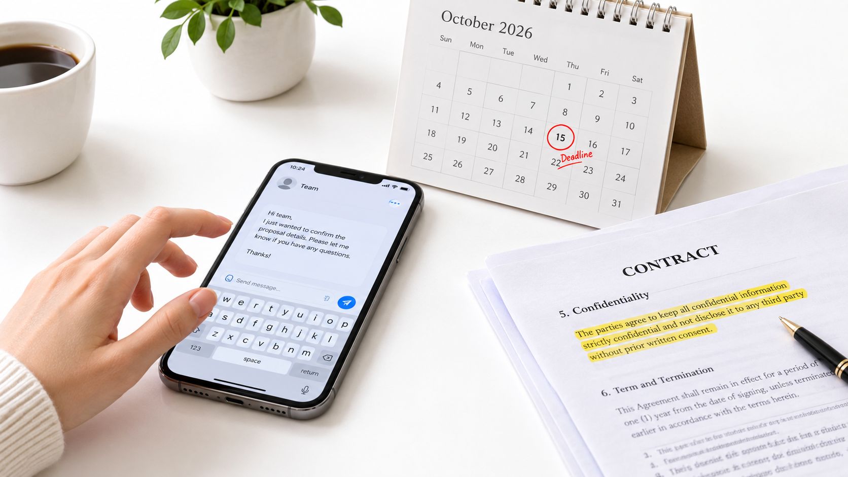 A workspace with a phone, a contract, a cup of coffee, and a calendar showing an October deadline.