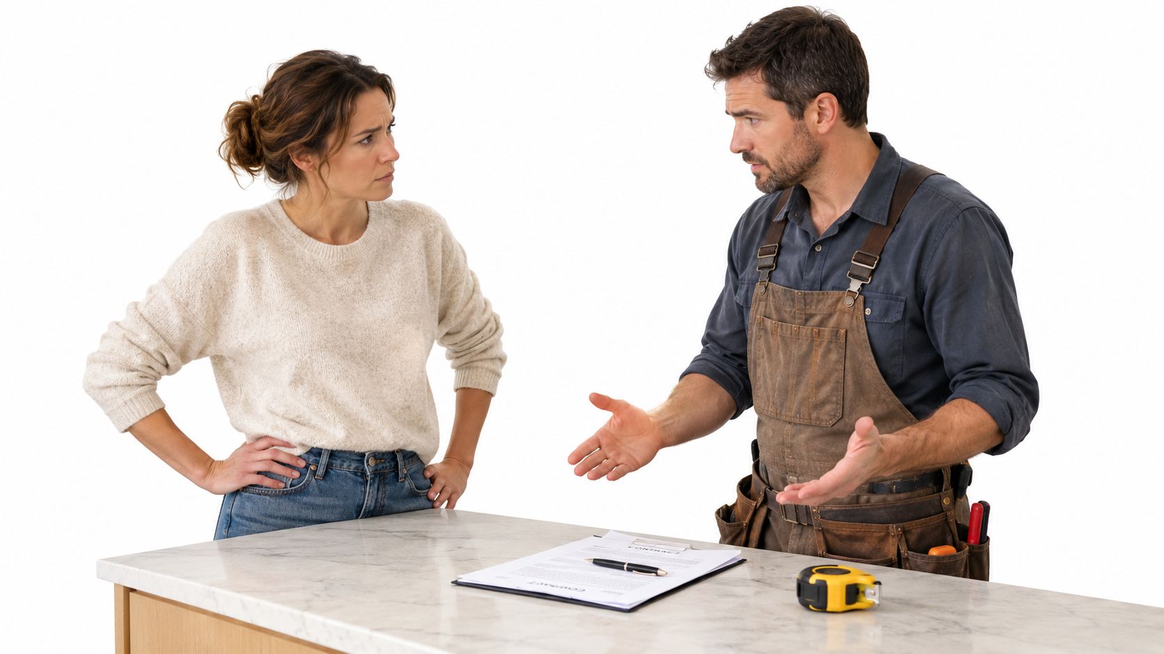 A woman and a male contractor having a heated discussion over a contract on a marble counter.
