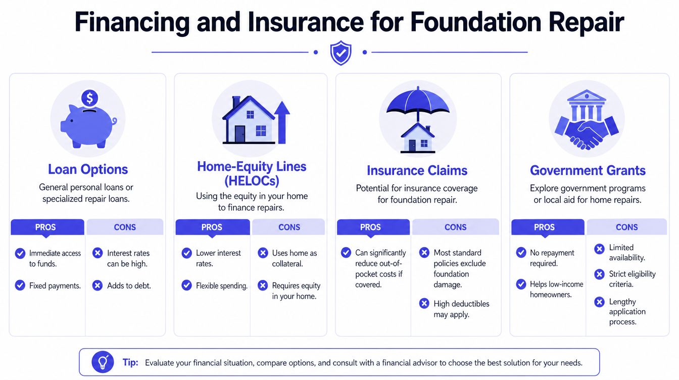 An infographic detailing various financing and insurance options available to homeowners for foundation repair costs.