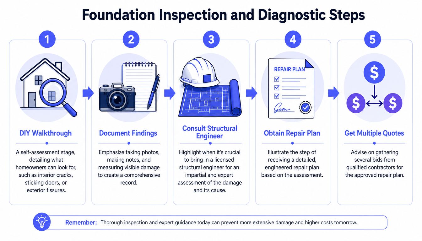 A 5-step infographic showing the foundation inspection and diagnostic process for homeowners to evaluate structural damage.