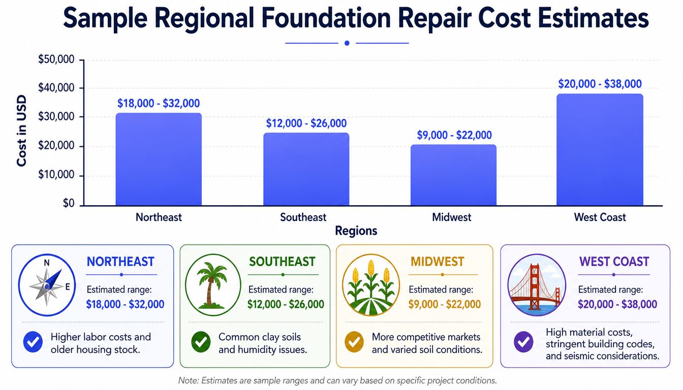 A bar chart comparing foundation repair cost ranges across four major regions in the United States.