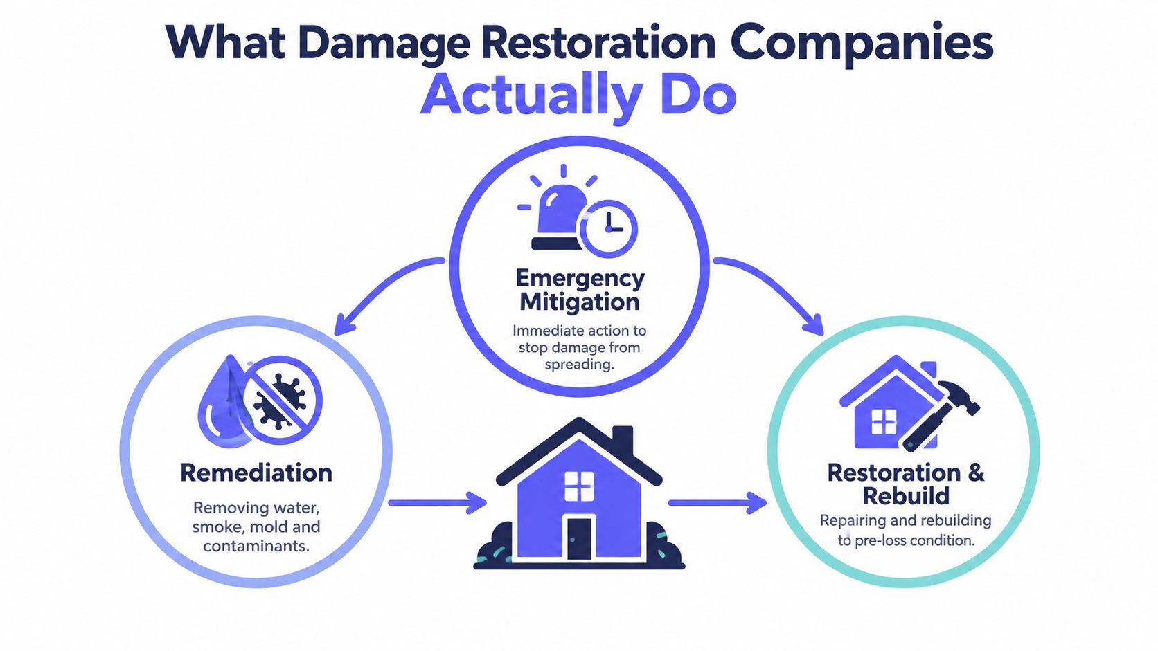 An infographic showing the three main stages of damage restoration: emergency mitigation, remediation, and restoration and rebuild.