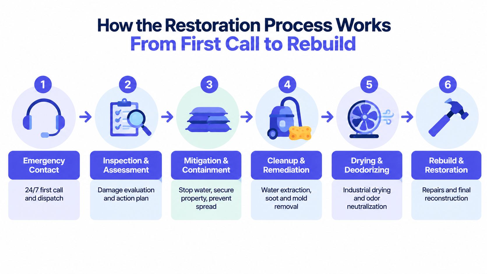 A six-step infographic illustrating the professional disaster damage restoration process, from initial emergency contact to final reconstruction.