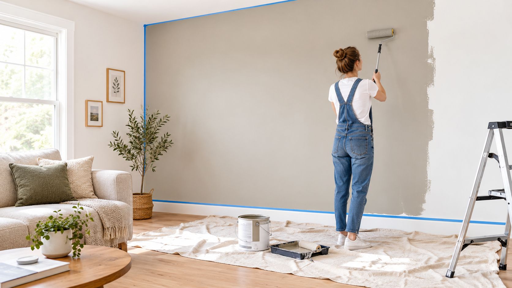 A woman in overalls painting a large interior wall beige while preparing for diy home projects.