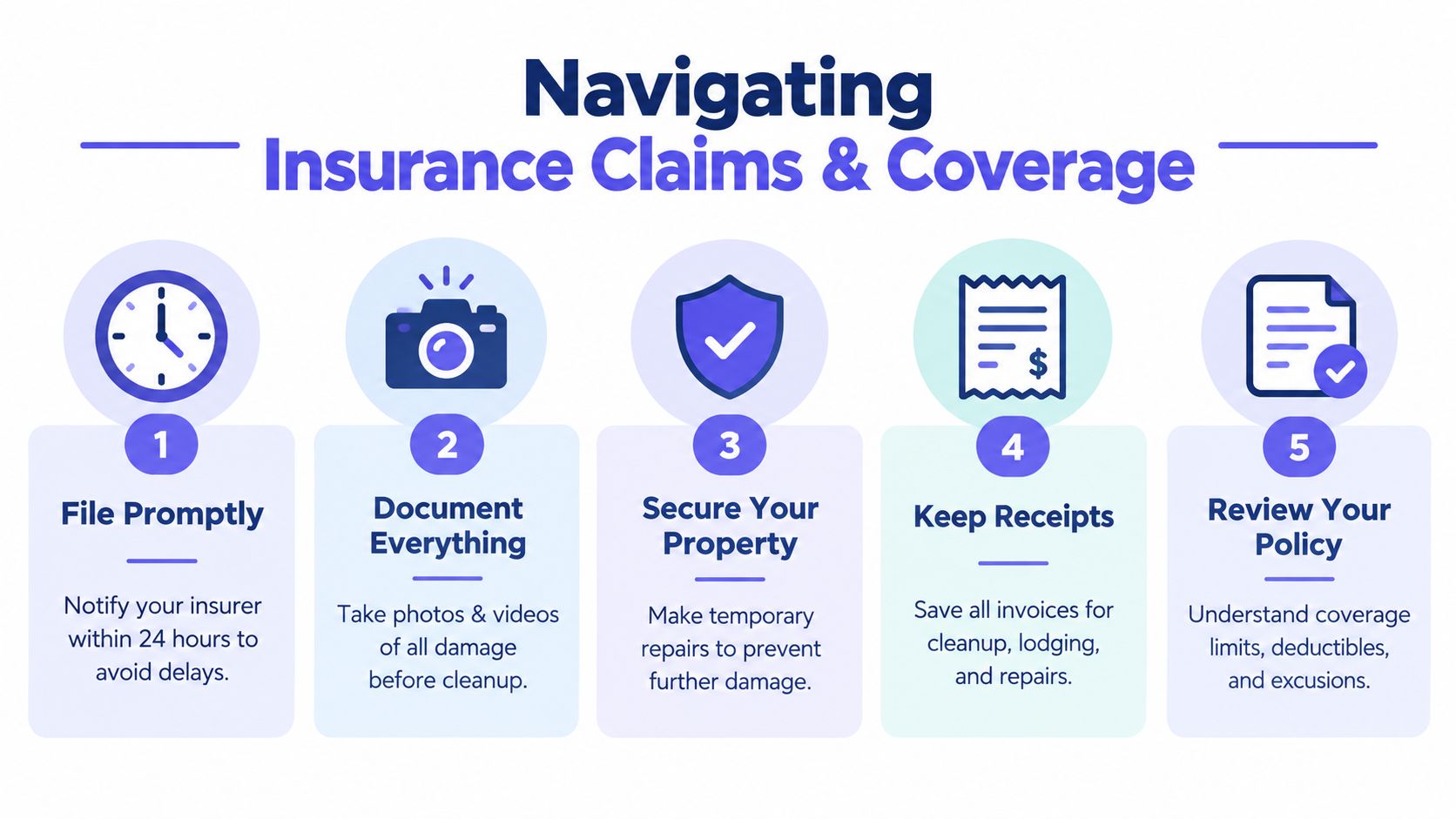 A step-by-step infographic titled Navigating Insurance Claims and Coverage outlining five essential tasks for handling property damage.