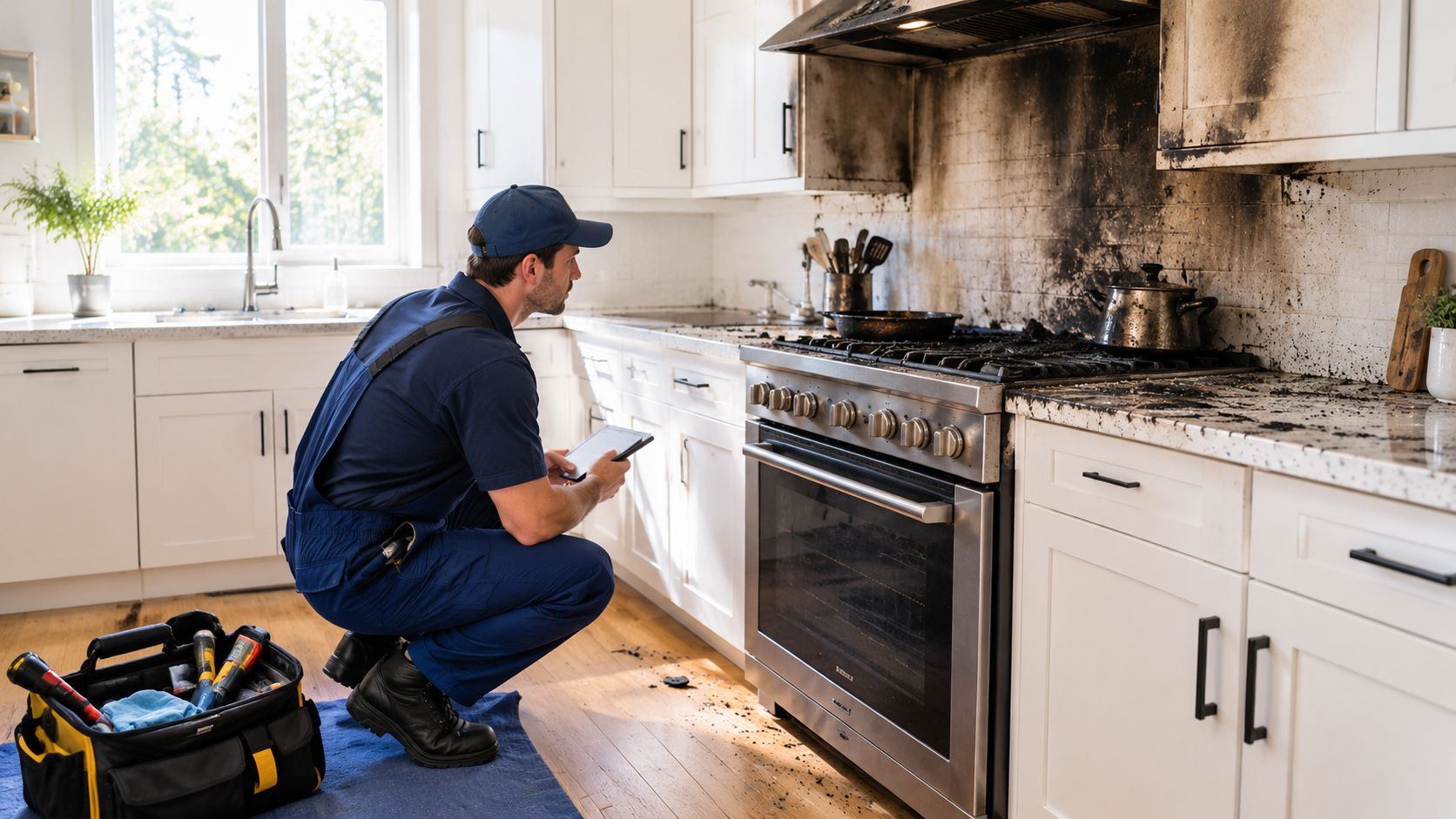 A professional restoration technician examining fire damage in a kitchen after an appliance fire accident.