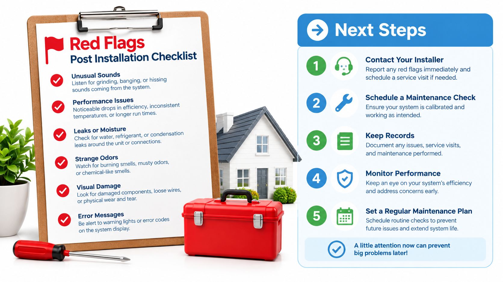A checklist for post-installation red flags and next steps for maintaining a home HVAC system.