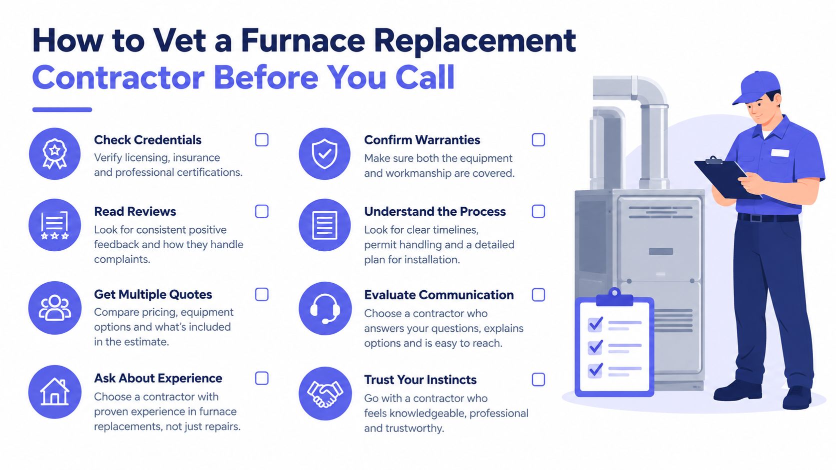An infographic detailing eight essential steps to vet a furnace replacement contractor before hiring them for services.