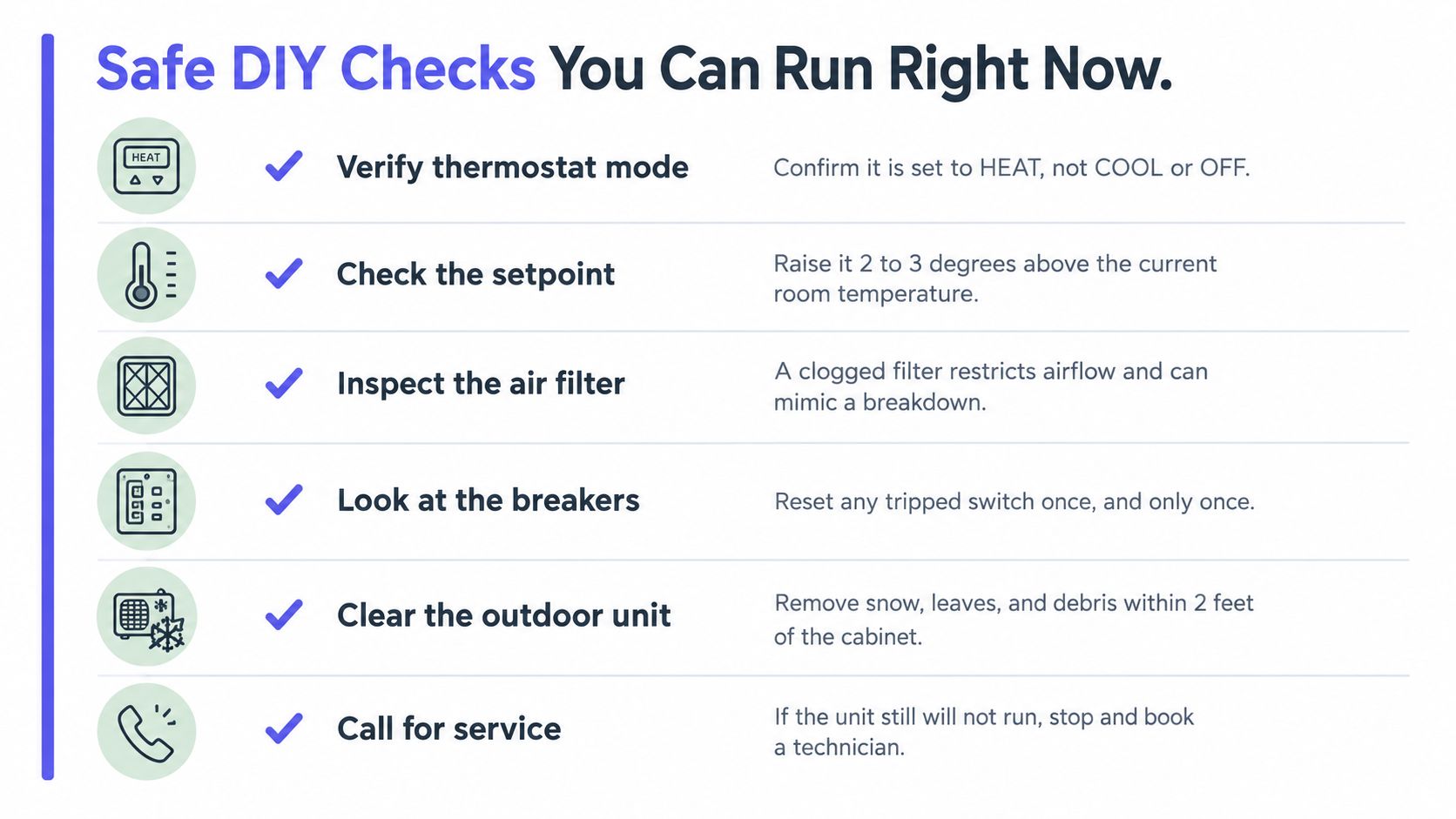 A list of six simple DIY safety steps to troubleshoot a heating system before calling a professional.