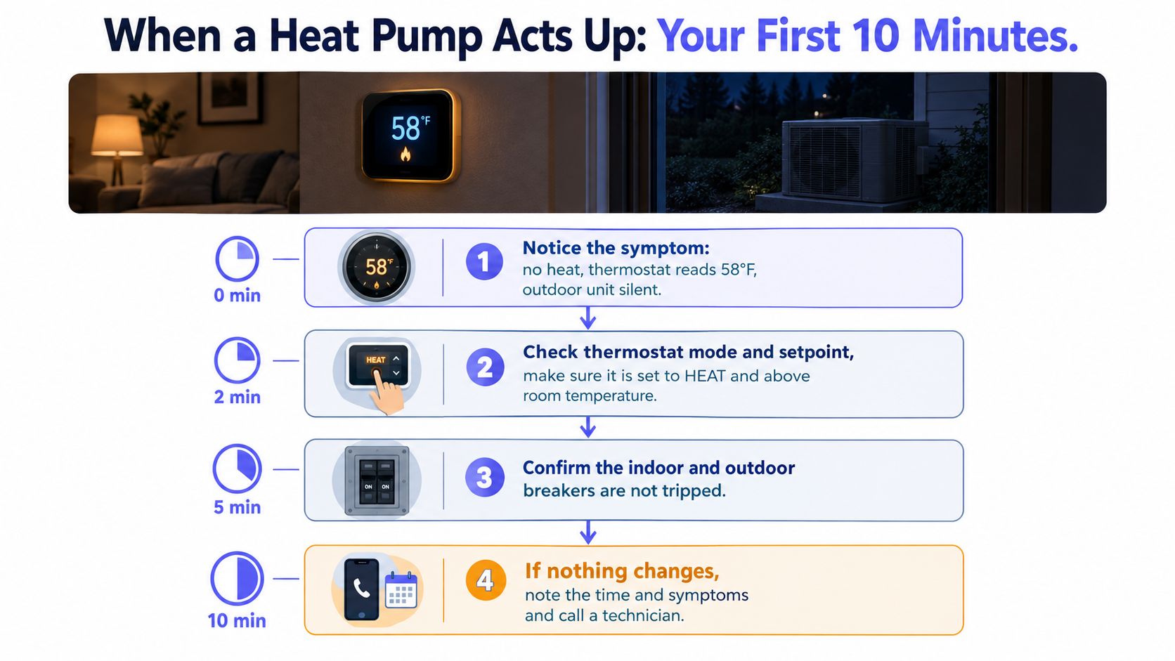A step-by-step infographic titled When a Heat Pump Acts Up: Your First 10 Minutes with troubleshooting instructions.