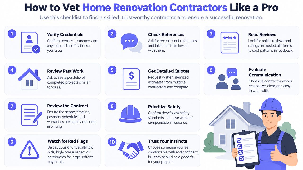 An infographic checklist outlining ten essential steps to vet and hire reliable home renovation contractors.