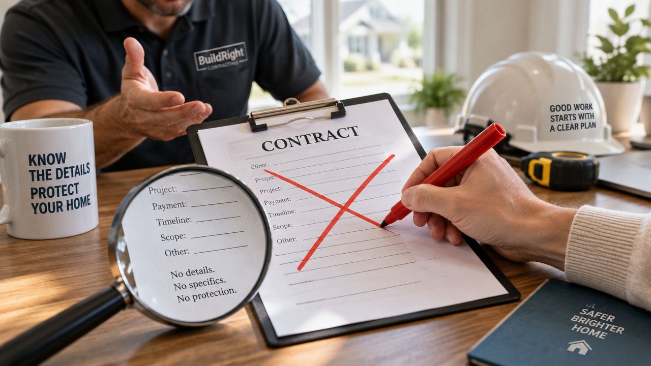 A close-up of a hand marking an X over an empty home renovation contract with a marker.