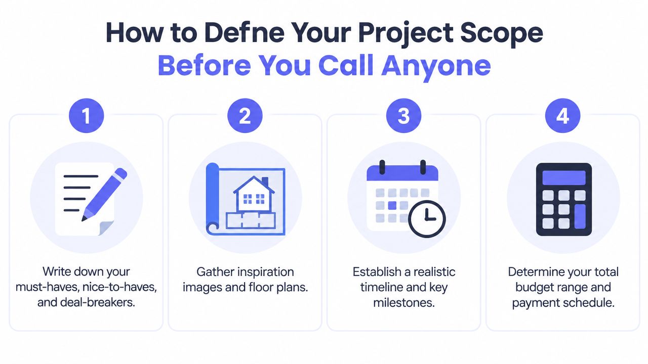 A four-step infographic illustrating how to prepare and define a project scope for home renovation contractors.