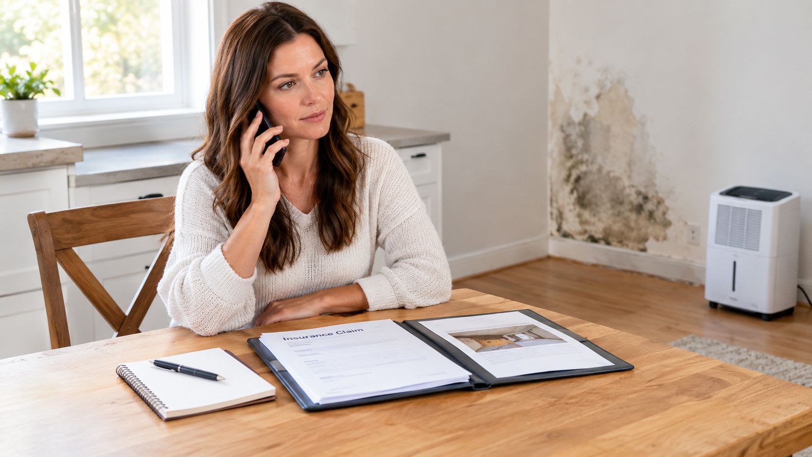 A woman talking on her phone while reviewing an insurance claim for home water damage at home.