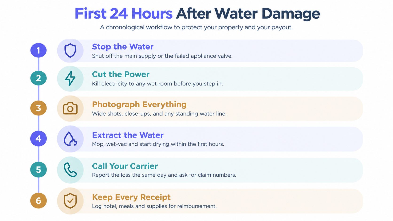 A six-step chronological infographic showing essential actions to take during the first 24 hours after water damage.