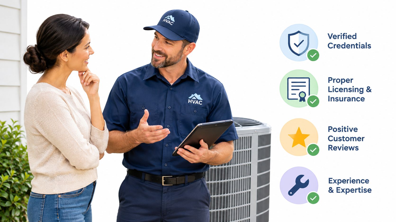 A professional HVAC technician in uniform discusses repair services with a customer outdoors near an air conditioning unit.